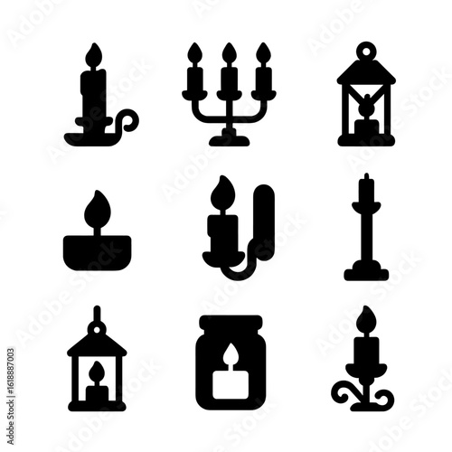 Candle Holder Icons. Solid, filled icon set of candle holders: single candle holder, candelabra, lantern, tealight holder, wall