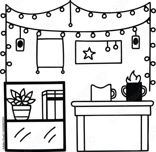 dorm with fairy lights posters and coffee cup