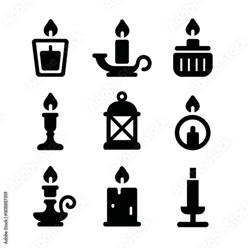Candle Holders Icon Set. Solid, filled icon set of candle holders styles: glass holder, metal holder, ceramic holder, wooden