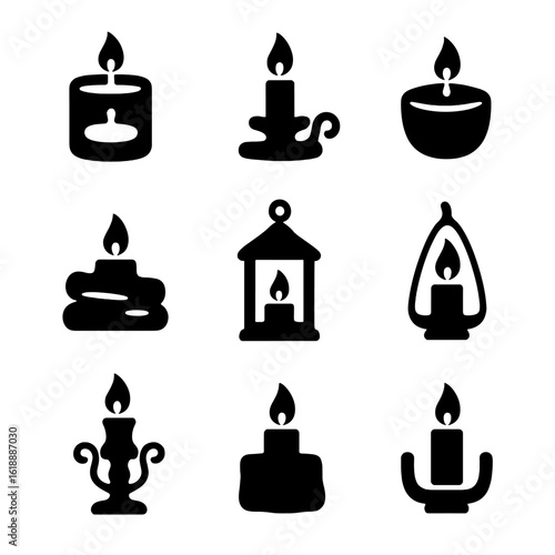Candle Holders Icon Set. Solid, filled icon set of candle holders styles: glass holder, metal holder, ceramic holder, wooden