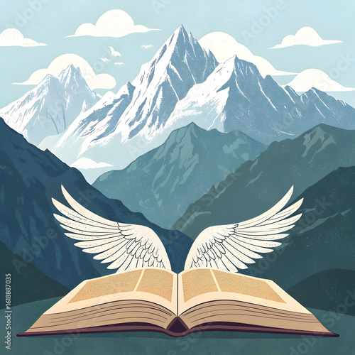 open book with wings flying over mountains free