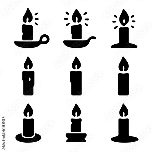 Candlelight Icon Set. Solid, filled icon set of candlelight ambiance: candle, holder, wick, soft glow, flame, wax, decorative