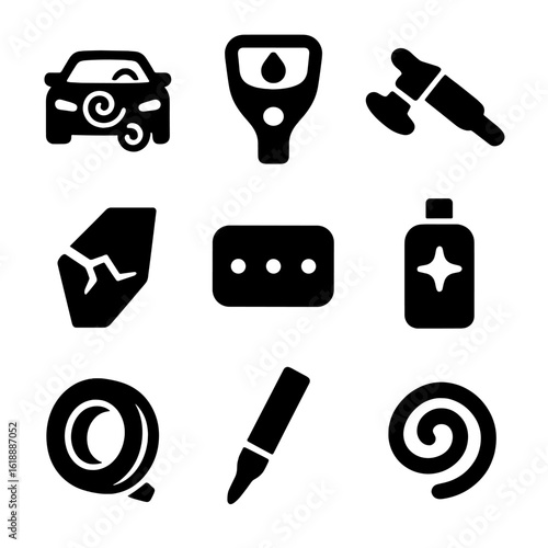 Car Care Icons. Solid, filled icon set of car paint correction and care: swirl remover, paint thickness gauge, rotary buffer,