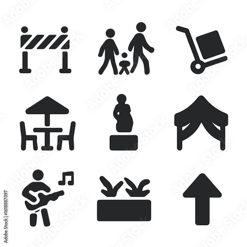 Car-Free Zone Icons. Solid, filled icon set of car-free urban zones: street closure gate, walking group, delivery cart, café