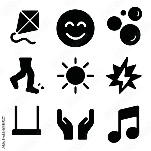 Carefree Moments Icons. Solid, filled icon set of carefree moments: kite, bubbles, laughing face, skipping feet, sunny sky, camera