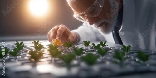 A scientist examines young plants under controlled lighting, showcasing innovation in agriculture and sustainable practices.