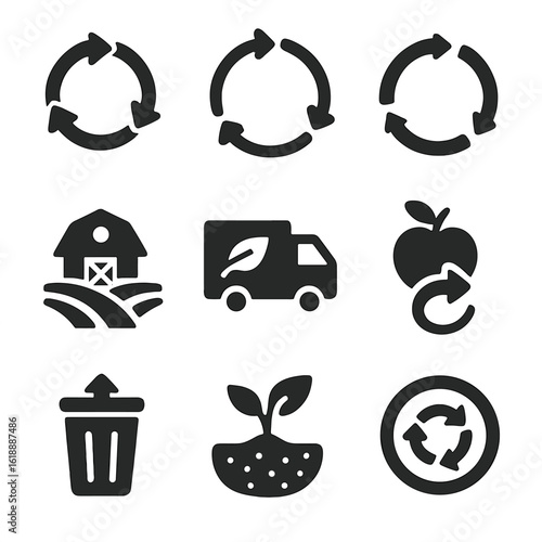 Circular Economy Icons. Solid, filled icon set of circular food economy: food loop, reuse arrows, closed cycle icon, circular farm