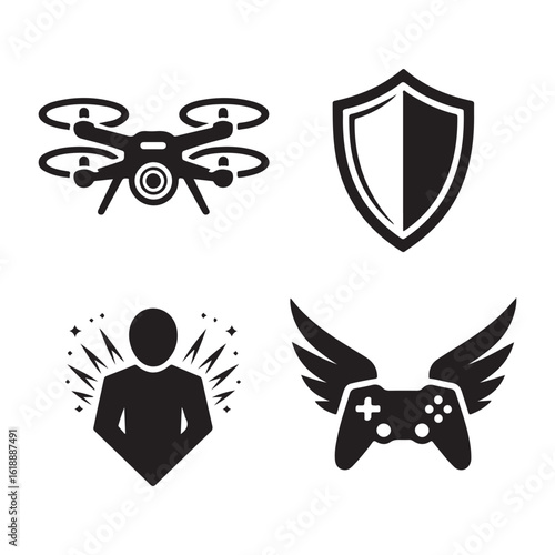 A collection of four black and white icons featuring a drone, shield, person, and controller