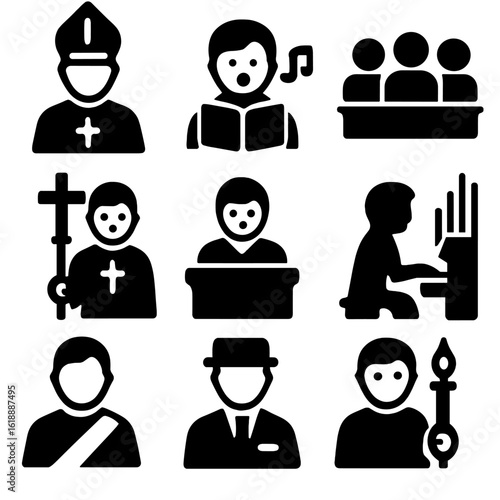 Church Participants Icons. Solid, filled icon set of Church service participants: priest, choir singer, congregation, altar server