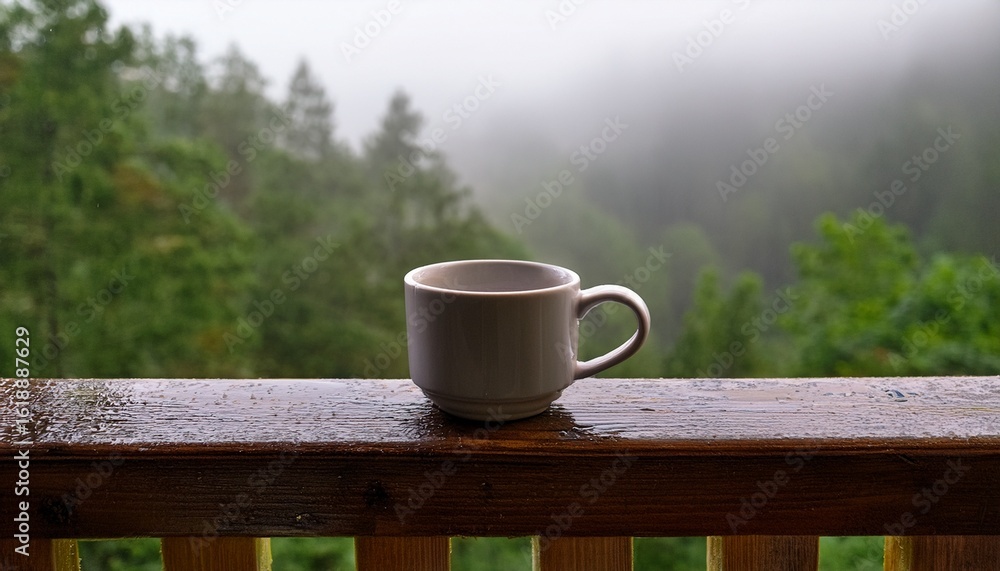 a comforting coffee mug is placed on a wooden railing on a misty rainy day capturing a serene moment overlooking a verdant forest a comforting coffee mug is placed on a wooden railing on a misty rainy day capturing a serene moment overlooking a verdant forest