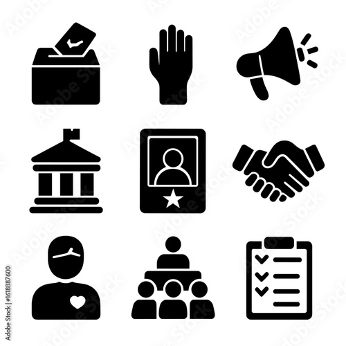 Civic Participation Icons. Solid, filled icon set of civic participation: ballot box, voting hand, megaphone, town hall, campaign