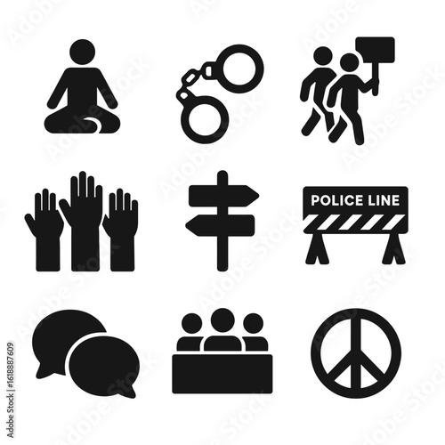 Civil Disobedience Icons. Solid, filled icon set of civil disobedience: sit-in, handcuffs, protest march, raised hands, signpost,