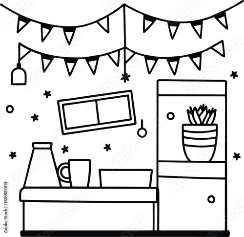dorm with fairy lights posters and cup of tea