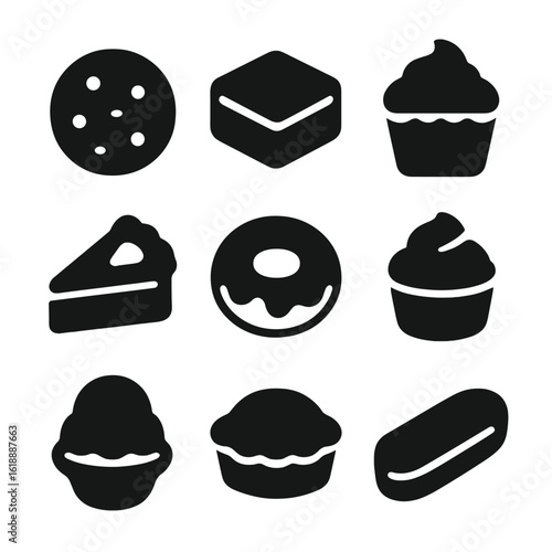 Classic Dessert Icons. Solid, filled icon set of classic desserts: cookie, brownie, cupcake, slice of pie, donut, cream puff, ice