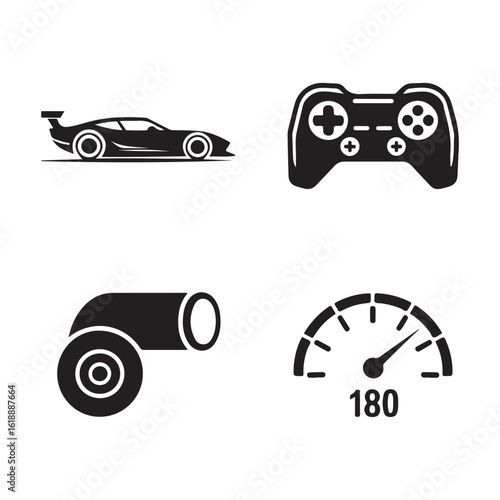 Illustration of a race car, game controller, cannon, and speedometer in black and white