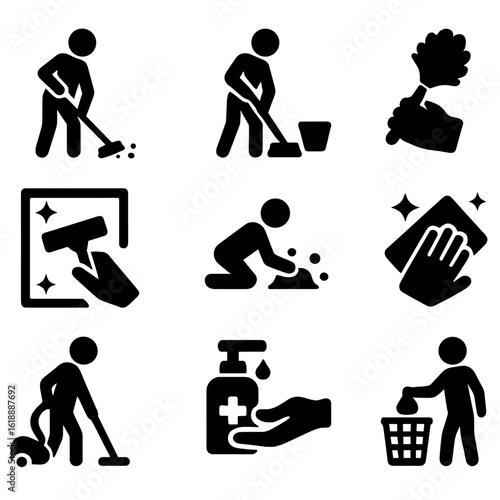 Cleaning Activities Icons. Solid, filled icon set of cleaning activities: sweeping, mopping, dusting, washing windows, scrubbing