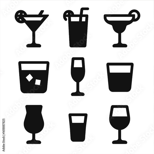 Cocktail Glass Icons. Solid, filled icon set of cocktail types: martini glass, highball glass, margarita glass, rocks glass, flute