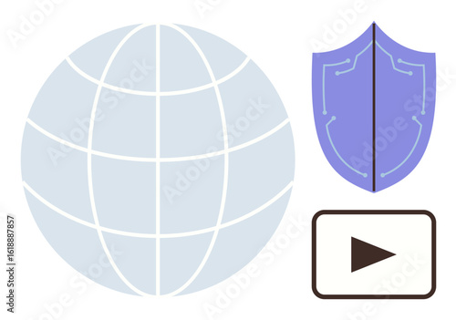 Globe representing connectivity, shield symbolizing security, and play icon conveying video or media. Ideal for internet, data protection, streaming, communication, cybersecurity, online platforms