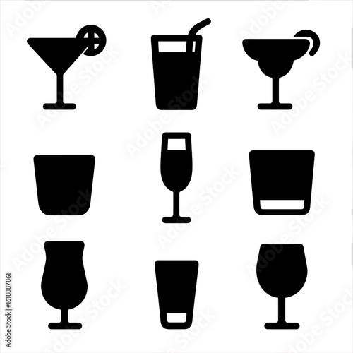Cocktail Glass Icons. Solid, filled icon set of cocktail types: martini glass, highball glass, margarita glass, rocks glass, flute