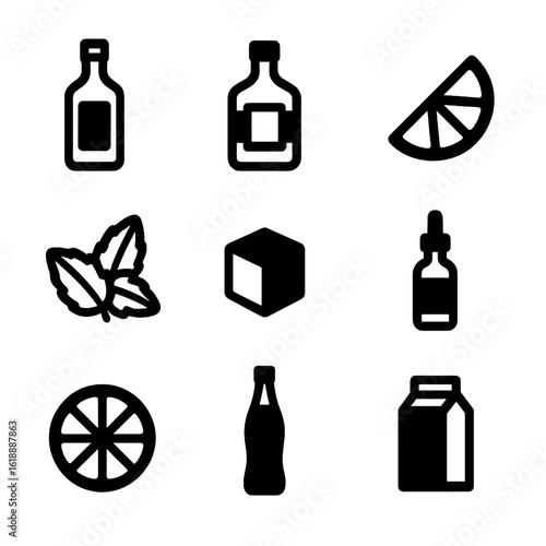 Cocktail Ingredient Icons. Solid, filled icon set of popular cocktail ingredients: vodka bottle, gin bottle, lime wedge, mint