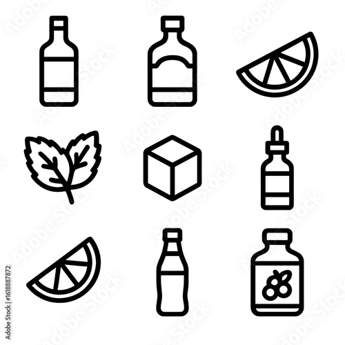 Cocktail Ingredient Icons. Solid, filled icon set of popular cocktail ingredients: vodka bottle, gin bottle, lime wedge, mint