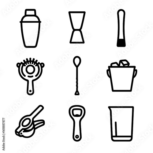 Cocktail Tools Icons. Solid, filled icon set of cocktail making tools: shaker, jigger, muddler, strainer, bar spoon, ice bucket,