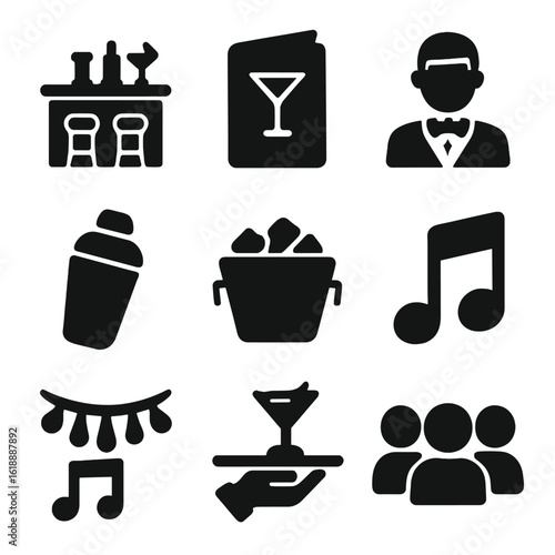 Cocktail Party Icons. Solid, filled icon set of cocktail party essentials: bar counter, cocktail menu, bartender, cocktail shaker,