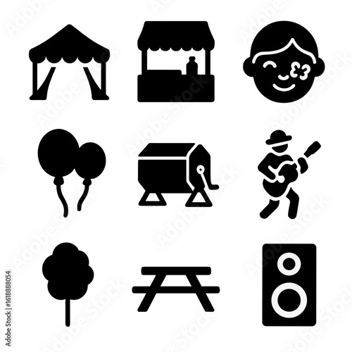 Community Fair Icons. Solid, filled icon set of local community fair: stage tent, food stall, face painting, balloons, raffle drum
