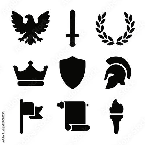 Conquest Symbol Icons. Solid, filled icon set of conquest symbols: eagle, sword, laurel wreath, crown, shield, helmet, battle flag