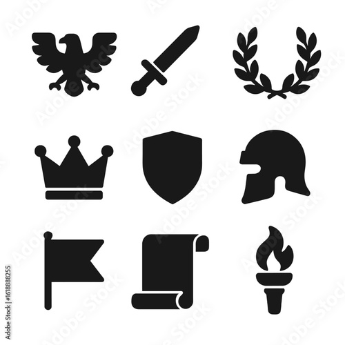 Conquest Symbol Icons. Solid, filled icon set of conquest symbols: eagle, sword, laurel wreath, crown, shield, helmet, battle flag