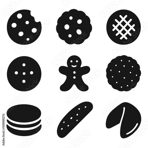Cookie Icon Grid. Solid, filled icon set of cookie types: chocolate chip, oatmeal raisin, peanut butter, sugar cookie, gingerbread