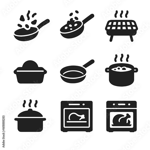 Cooking Style Icons. Solid, filled icon set of cooking styles: stir-fry, sauté, grilling, baking, frying, boiling, steaming,