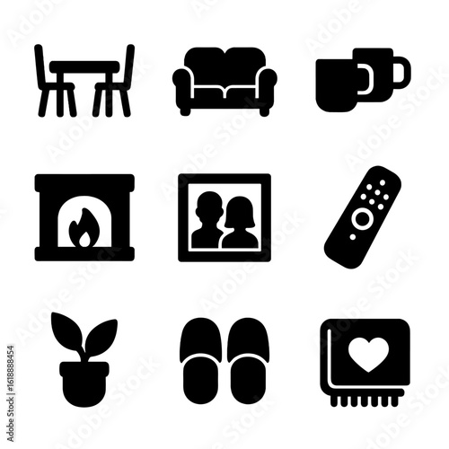Couple's Cozy Icons. Solid, filled icon set of couple's home life: dining table, sofa for two, coffee mugs, fireplace, couple