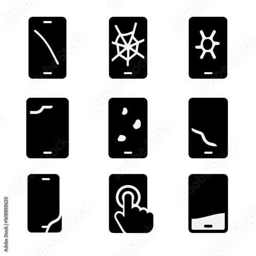 Cracked Screen Icons. Solid, filled icon set of cracked screen types: hairline crack, shattered glass, spiderweb fracture, impact