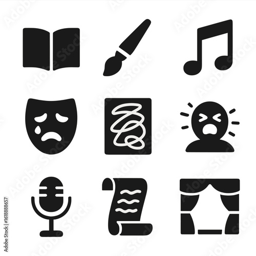 Creative Expression Icons. Solid, filled icon set of emotional expression: open journal, art brush, music note, crying mask,