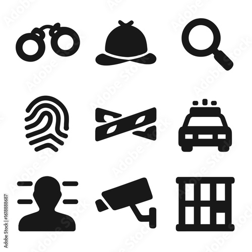 Crime Investigation Icons. Solid, filled icon set of crime and investigation: handcuffs, detective hat, magnifying glass,