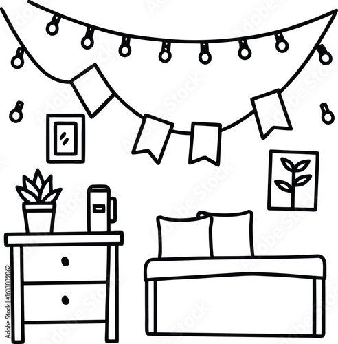 dorm with fairy lights posters and mug