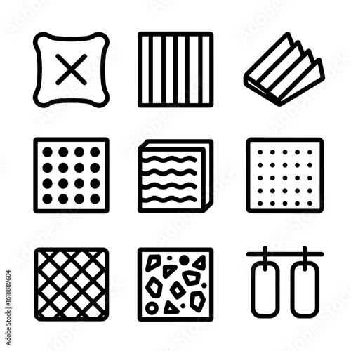 DIY Acoustic Panels Icons. Solid, filled icon set of DIY acoustic panels types: fabric wrapped, wooden slat, foam wedge,
