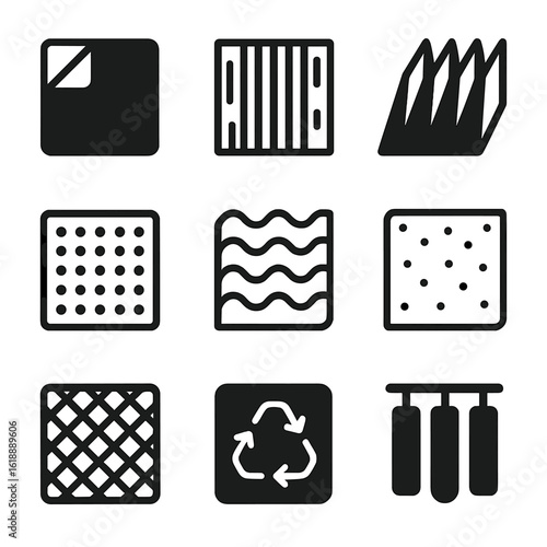 DIY Acoustic Panels Icons. Solid, filled icon set of DIY acoustic panels types: fabric wrapped, wooden slat, foam wedge,
