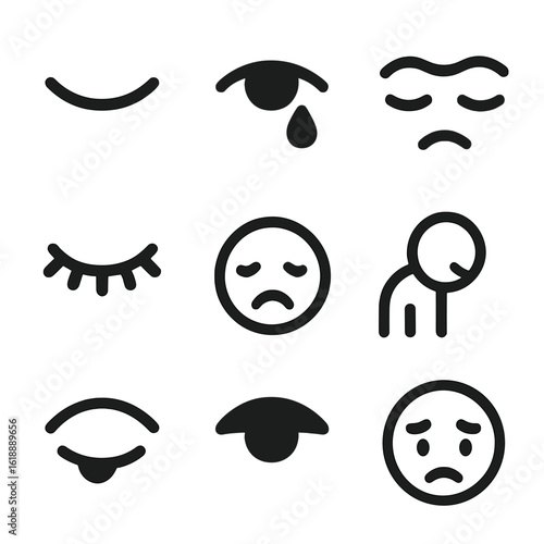 Downcast Eyes Icons. Solid, filled icon set of downcast eyes: closed eye, tear drop, eyebrow furrow, long eyelashes, sad face,