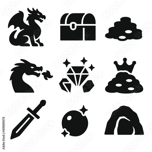 Dragon Treasure Icons. Solid, filled icon set of dragons guarding treasure: fierce dragon, treasure chest, pile of gold coins,