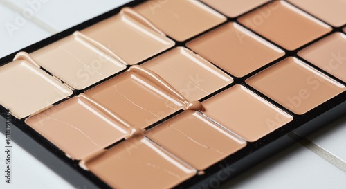 Makeup Foundation Palette Close-Up: Creamy Beige and Brown Shades for Face Cosmetics, Beauty Product Still Life