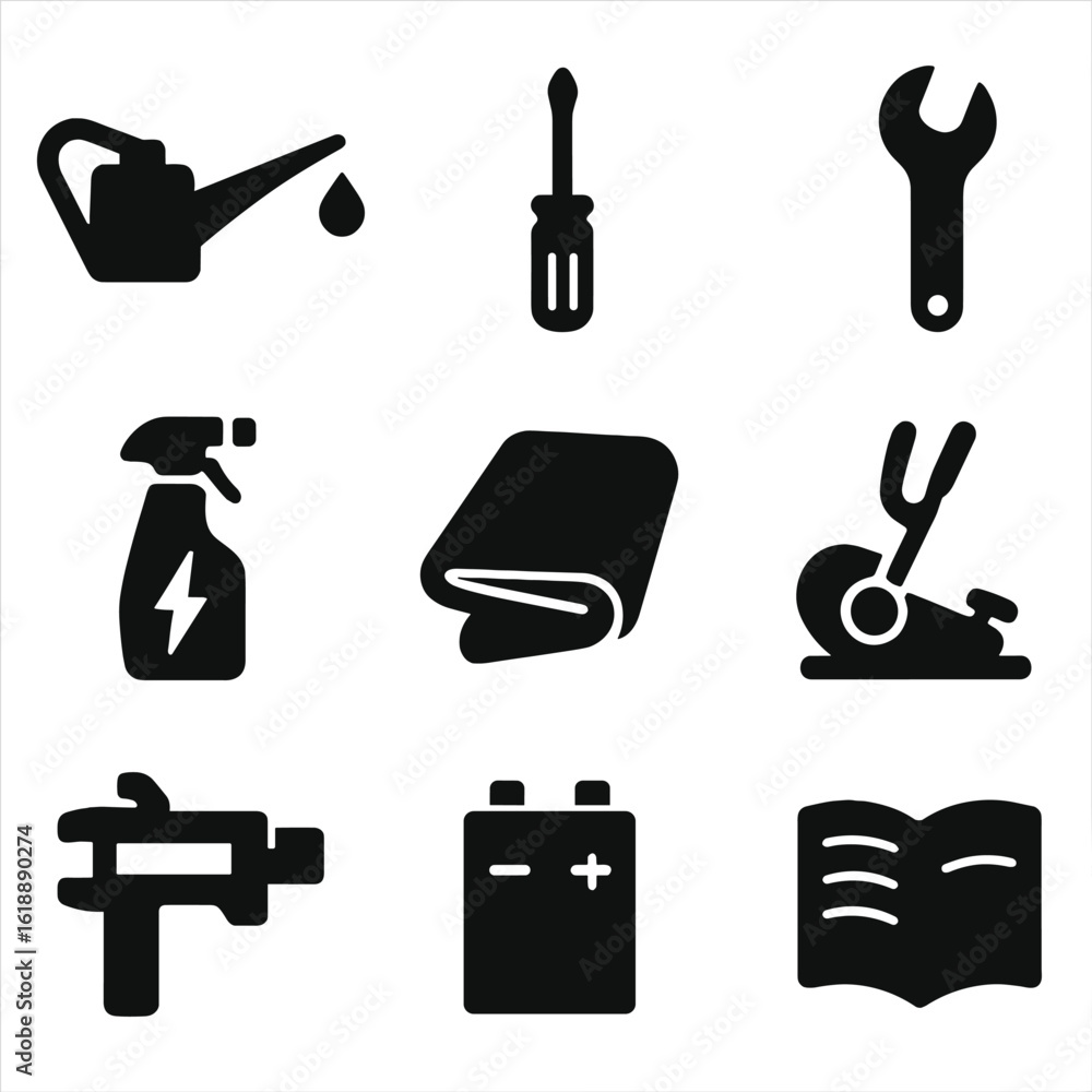 Elliptical Maintenance Icons. Solid, filled icon set of elliptical machine maintenance: oil can, screwdriver, wrench, cleaning Elliptical Maintenance Icons. Solid, filled icon set of elliptical machine maintenance: oil can, screwdriver, wrench, cleaning