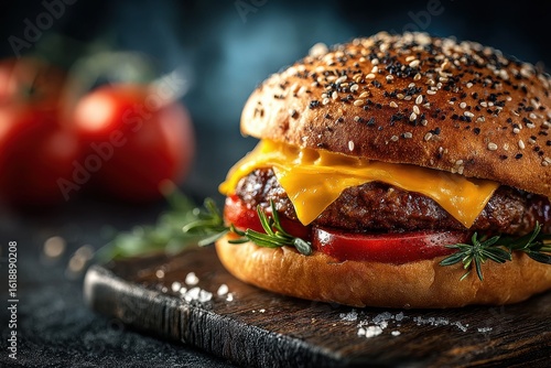 Gourmet seeded burger with tomatoes and cheddar cheese on a dark wooden serving board at dinnertime