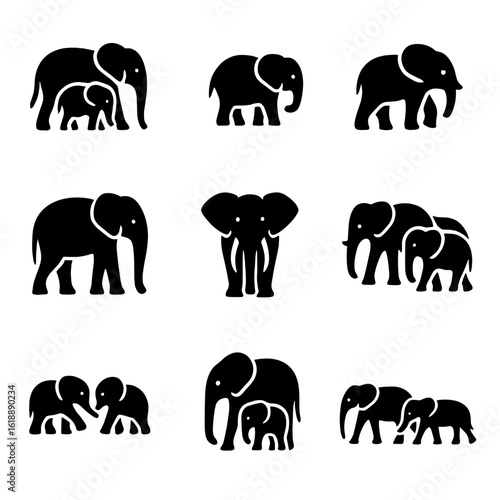 Elephant Family Icons. Solid, filled icon set of elephant family: mother and calf, baby elephant, adolescent elephant, matriarch,