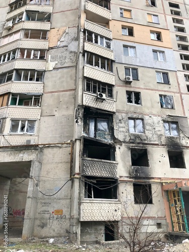 Kharkiv, Ukraine - summer 2022–2025: Destroyed and burned apartments in a multi-storey residential building. Residential area Saltovka. War in Ukraine.