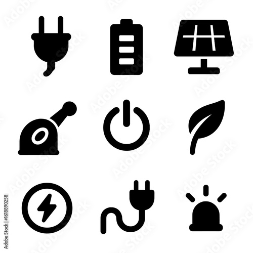 Elliptical Energy Icons. Solid, filled icon set of elliptical machine energy sources: electric plug, battery pack, solar panel,