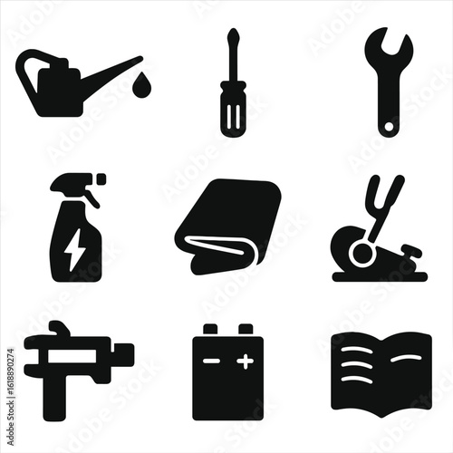 Elliptical Maintenance Icons. Solid, filled icon set of elliptical machine maintenance: oil can, screwdriver, wrench, cleaning