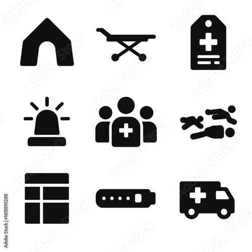 Emergency Icons Grid. Solid, filled icon set of triage stations during mass casualty events: field tent, stretcher, triage tag,