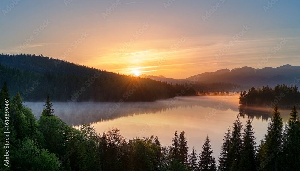 Fototapeta premium tranquil sunrise over a calm lake surrounded by misty mountains and evergreen trees